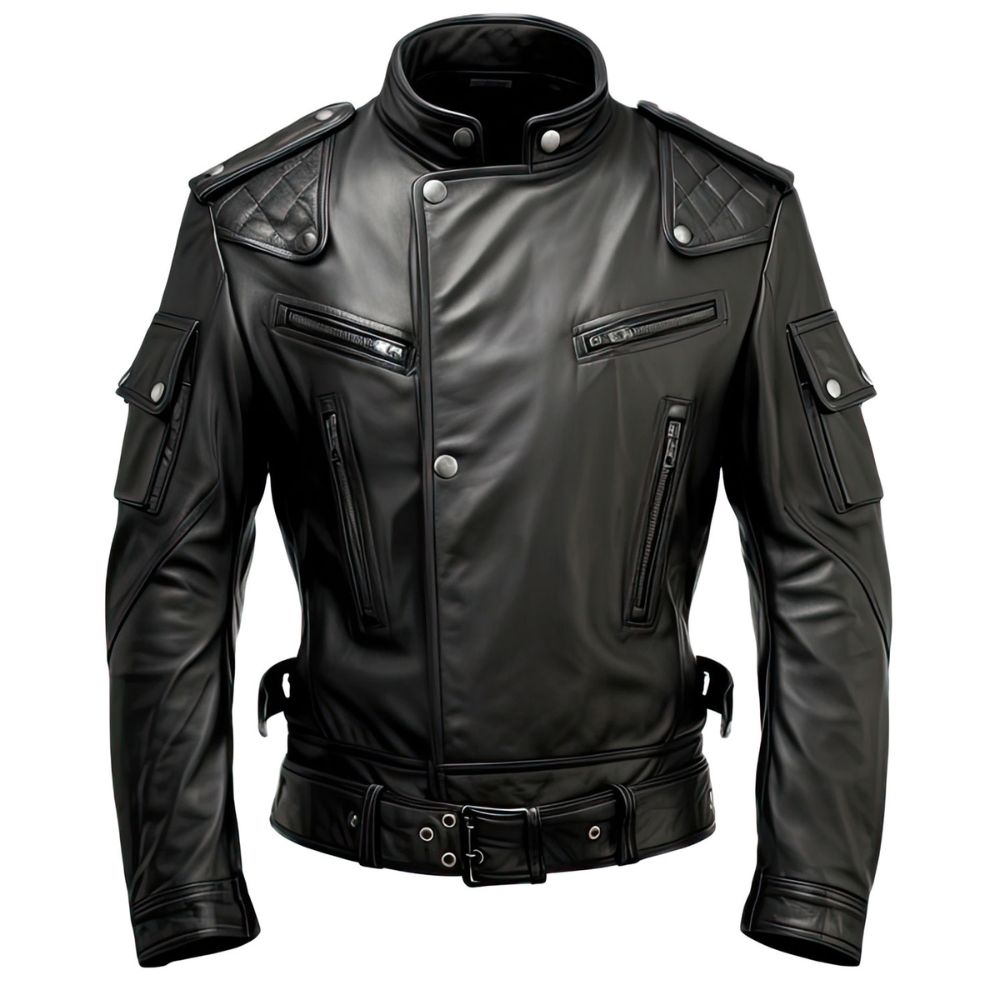 Black Biker Stand-up Collar Genuine Sheepskin Leather Jacket For Men