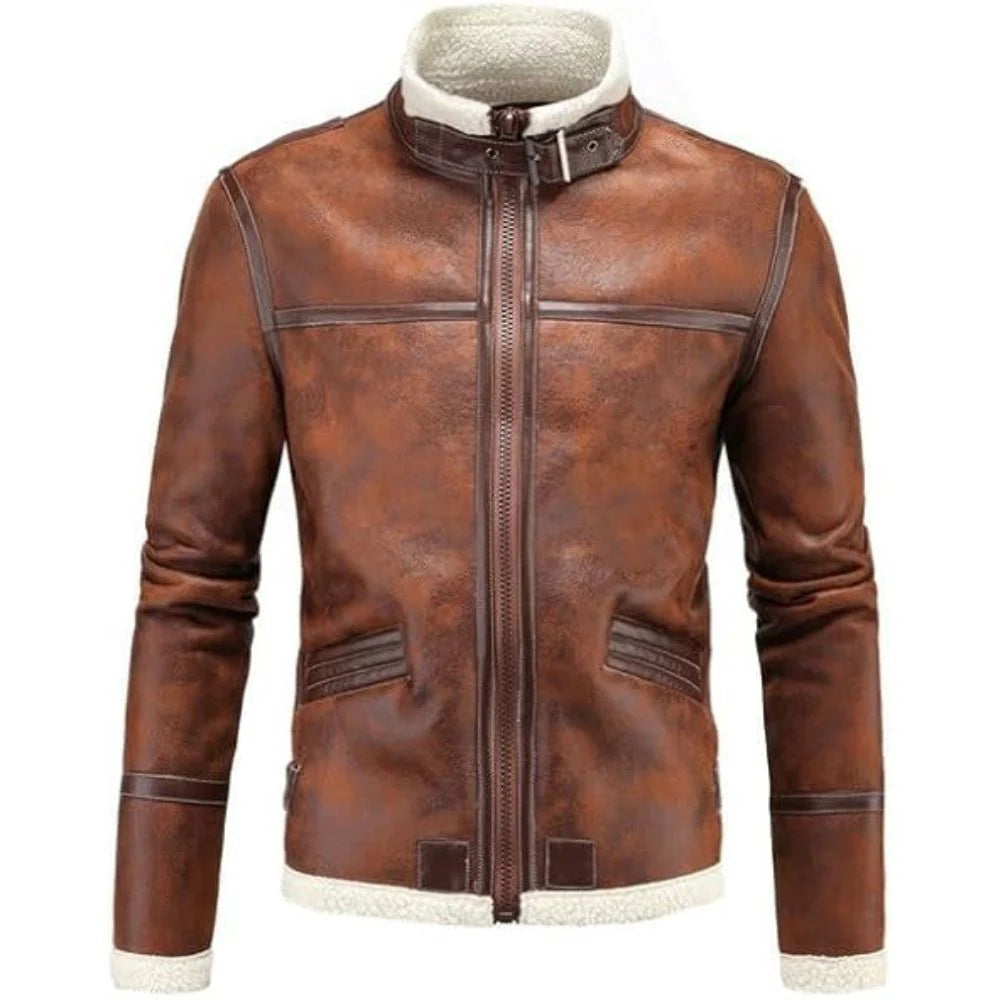 Casual Bold-Lined Brown Premium Cowhide Sherpa Leather Jacket For Men