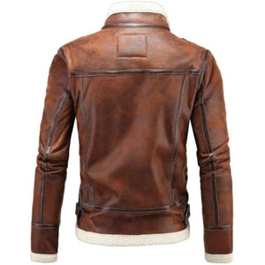 Casual Bold-Lined Brown Premium Cowhide Sherpa Leather Jacket For Men