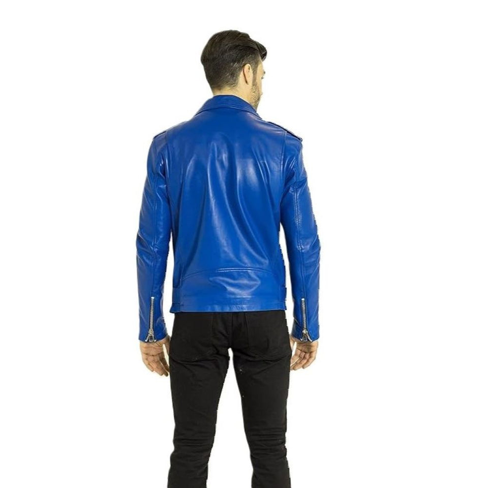 Blue Slim-Fit Brando Pure Sheepskin Motorcycle Leather Jacket For Men