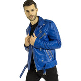 Blue Slim-Fit Brando Pure Sheepskin Motorcycle Leather Jacket For Men