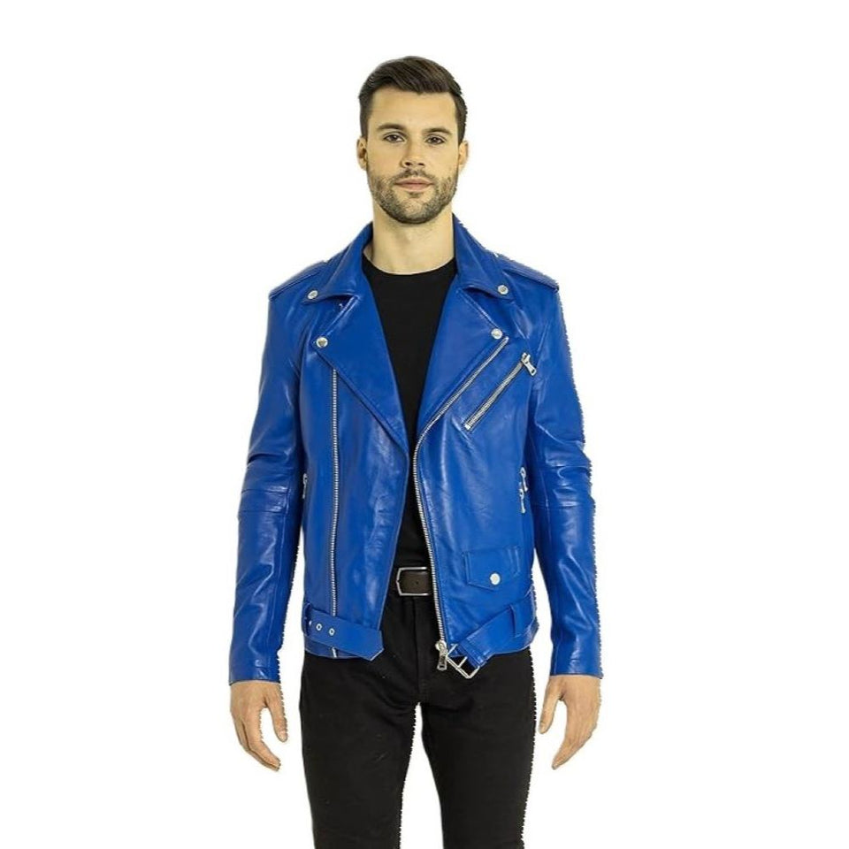 Blue Slim-Fit Brando Pure Sheepskin Motorcycle Leather Jacket For Men