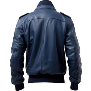 Classic Blue Mandarin Collar Bomber Sheepskin Leather Jacket For Men