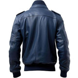 Classic Blue Mandarin Collar Bomber Sheepskin Leather Jacket For Men