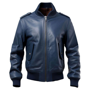 Classic Blue Mandarin Collar Bomber Sheepskin Leather Jacket For Men