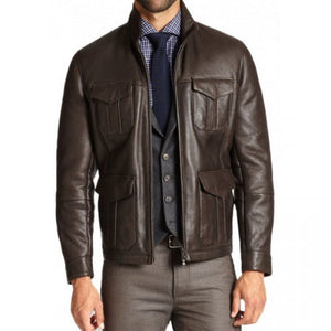 Coffee Brown Premium Lambskin Flapped Pockets Leather Jacket For Men