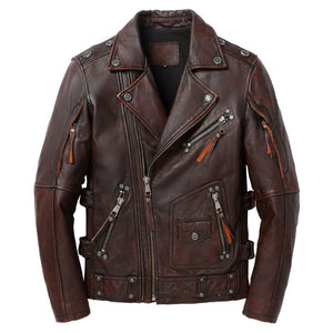 Distressed Brown Brando Moto Cowhide Genuine Leather Jacket For Men