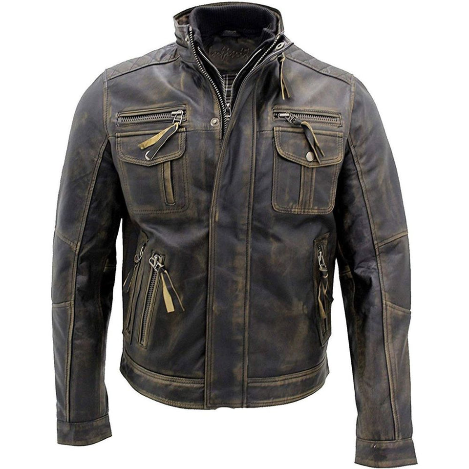 Winter Distressed Brown Motorcycle Pure Cowhide Leather Jacket For Men