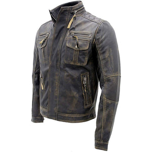 Winter Distressed Brown Motorcycle Pure Cowhide Leather Jacket For Men