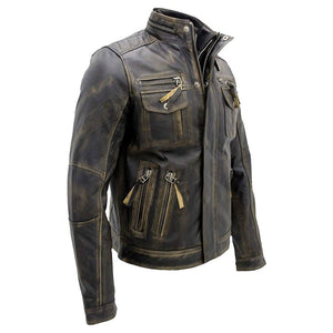 Winter Distressed Brown Motorcycle Pure Cowhide Leather Jacket For Men