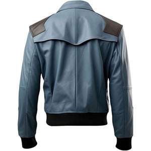 Dusky Blue Flap-Pocket Sheepskin Bomber Biker Leather Jacket For Men