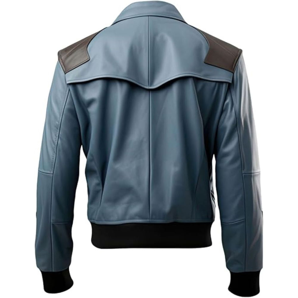 Dusky Blue Flap-Pocket Sheepskin Bomber Biker Leather Jacket For Men