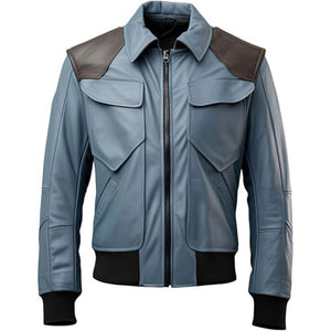 Dusky Blue Flap-Pocket Sheepskin Bomber Biker Leather Jacket For Men