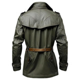 Green Stand Collar Genuine Sheepskin Biker Leather Long Coat For Men