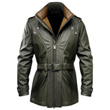 Green Stand Collar Genuine Sheepskin Biker Leather Long Coat For Men