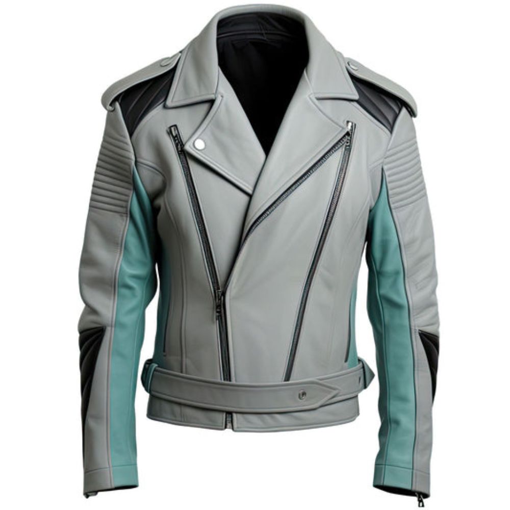 Winter Grey Quilted Motorcycle Pure Sheepskin Leather Jacket For Men