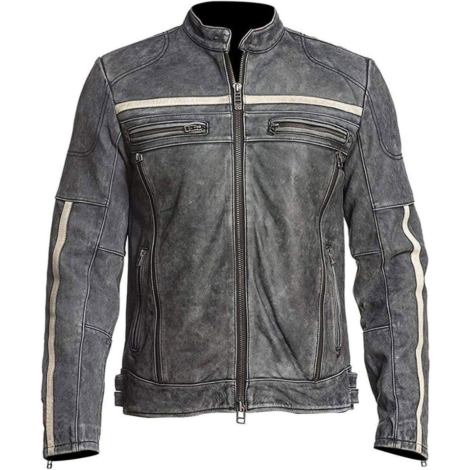 Winter Grey Moto-Racer Vintage Genuine Cowhide Leather Jacket For Men