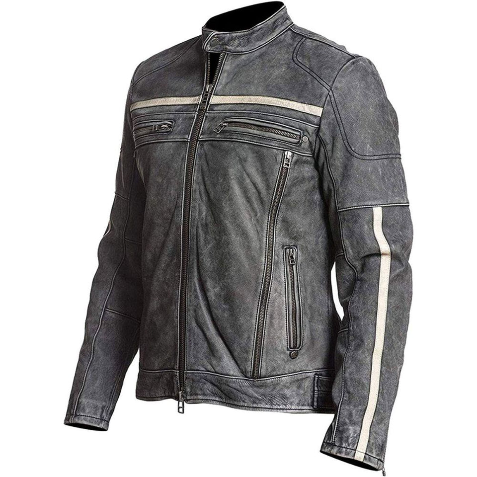 Winter Grey Moto-Racer Vintage Genuine Cowhide Leather Jacket For Men