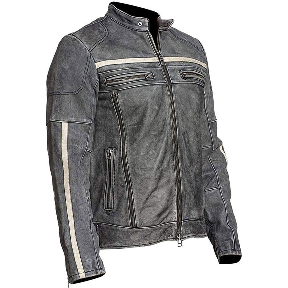 Winter Grey Moto-Racer Vintage Genuine Cowhide Leather Jacket For Men