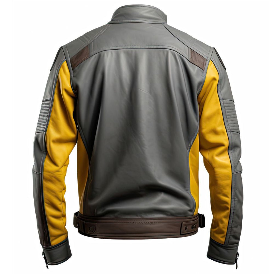 Grey Mustard Pure Sheepskin Stand Collar Biker Leather Jacket For Men