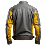 Grey Mustard Pure Sheepskin Stand Collar Biker Leather Jacket For Men