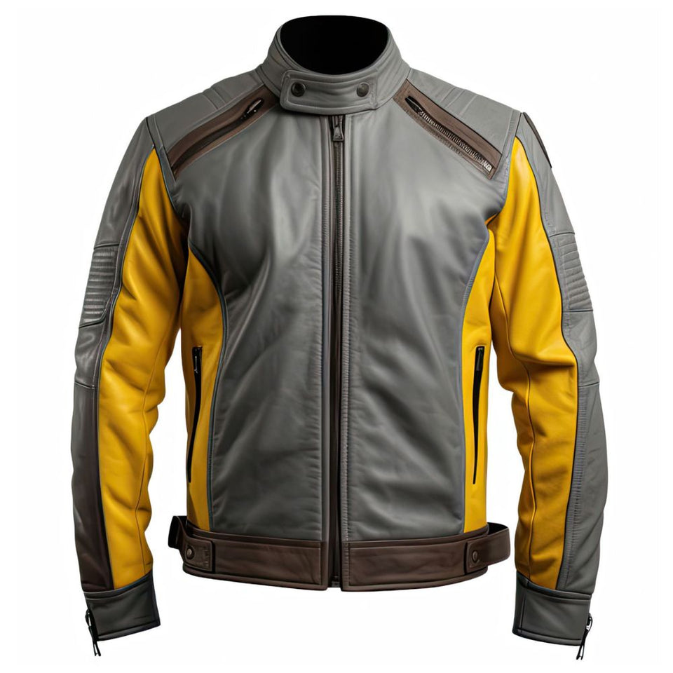 Grey Mustard Pure Sheepskin Stand Collar Biker Leather Jacket For Men