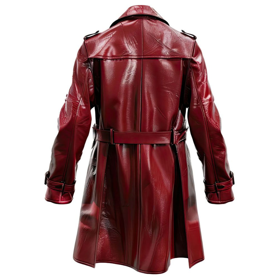 Winter Distressed Maroon Premium Sheepskin Trench Leather Coat For Men