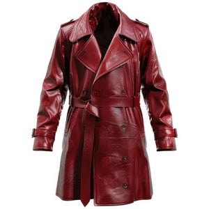 Winter Distressed Maroon Premium Sheepskin Trench Leather Coat For Men