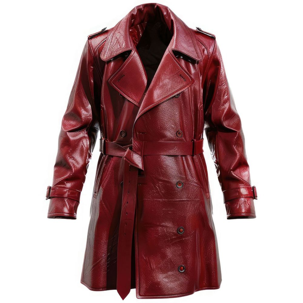 Winter Distressed Maroon Premium Sheepskin Trench Leather Coat For Men