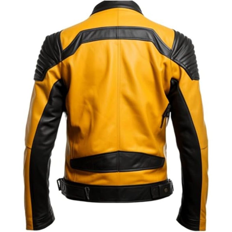 Mustard Yellow Black Cafe Racer Pure Sheepskin Leather Jacket For Men