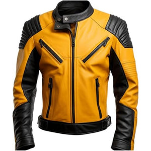 Mustard Yellow Black Cafe Racer Pure Sheepskin Leather Jacket For Men