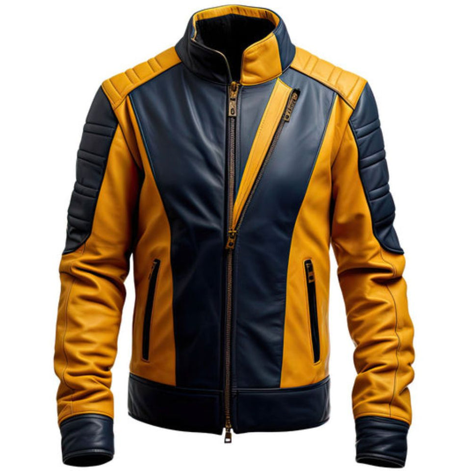 Mustard Yellow-Black Pure Sheepskin Motorcycle Leather Jacket For Men