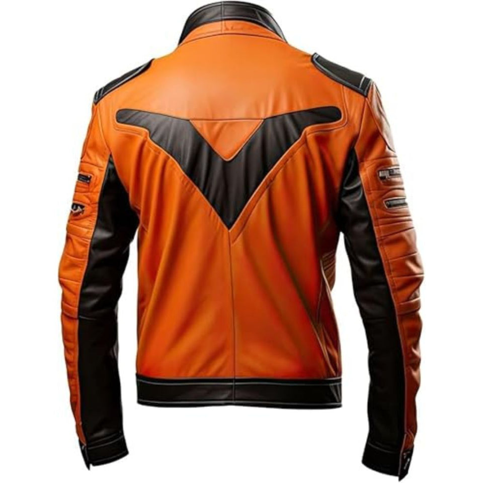 Orange Black Pure Sheepskin Zip-Up Motorcycle Leather Jacket For Men