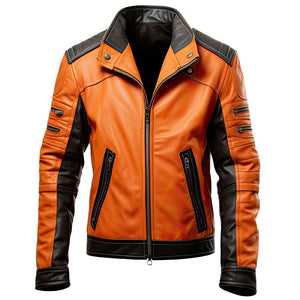 Orange Black Pure Sheepskin Zip-Up Motorcycle Leather Jacket For Men