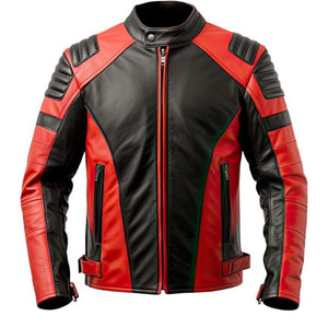 Red-Black Genuine Sheepskin Quilted Motorcycle Leather Jacket For Men