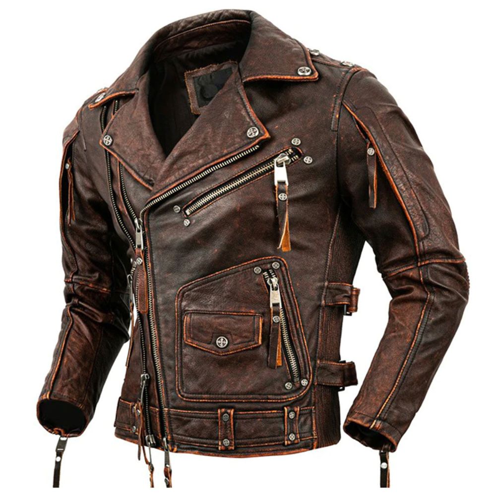 Winter Stone Milled Brown Brando Pure Cowhide Leather Jacket For Men