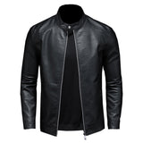 Black Stand-Up Collar Biker Genuine Sheepskin Leather Jacket For Men