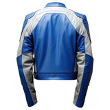 White Royal Blue Quilted Motorcycle Sheepskin Leather Jacket For Men