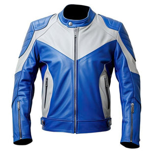 White Royal Blue Quilted Motorcycle Sheepskin Leather Jacket For Men