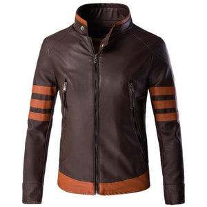 Winter Brown Pure Sheepskin Retro Strips Moto Leather Jacket For Men