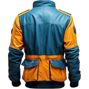 Yellow Blue Patchwork Premium Sheepskin Flight Leather Jacket For Men