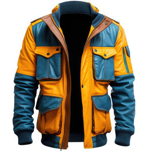 Yellow Blue Patchwork Premium Sheepskin Flight Leather Jacket For Men