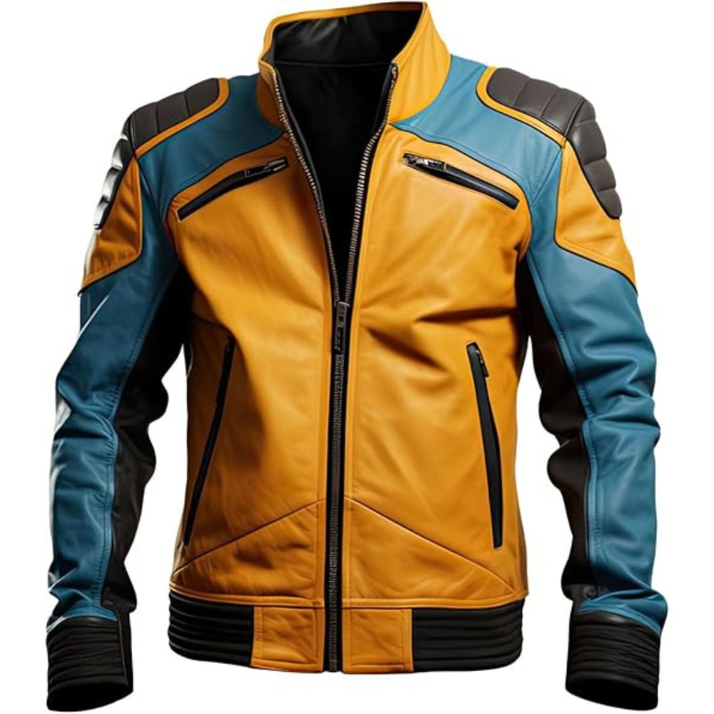 Yellow Contrasted Genuine Sheepskin Moto Biker Leather Jacket For Men