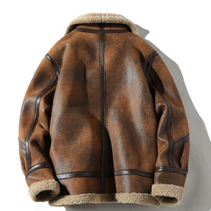 Brown Faux Shearling Fur Aviator Pure Sheepskin Leather Jacket For Men