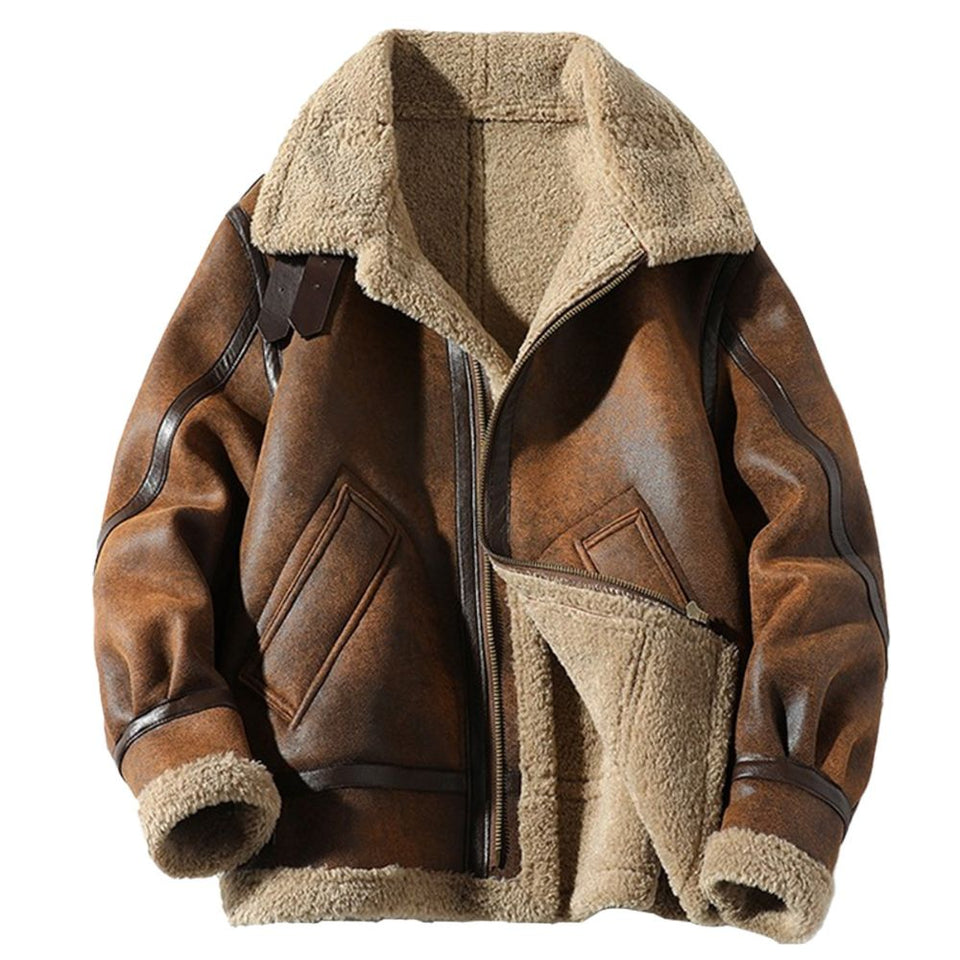 Brown Faux Shearling Fur Aviator Pure Sheepskin Leather Jacket For Men