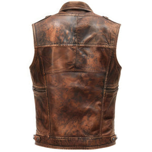 Vintage Distressed Brown Pure Sheepskin Leather Motorcycle Vest For Men