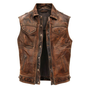 Vintage Distressed Brown Pure Sheepskin Leather Motorcycle Vest For Men
