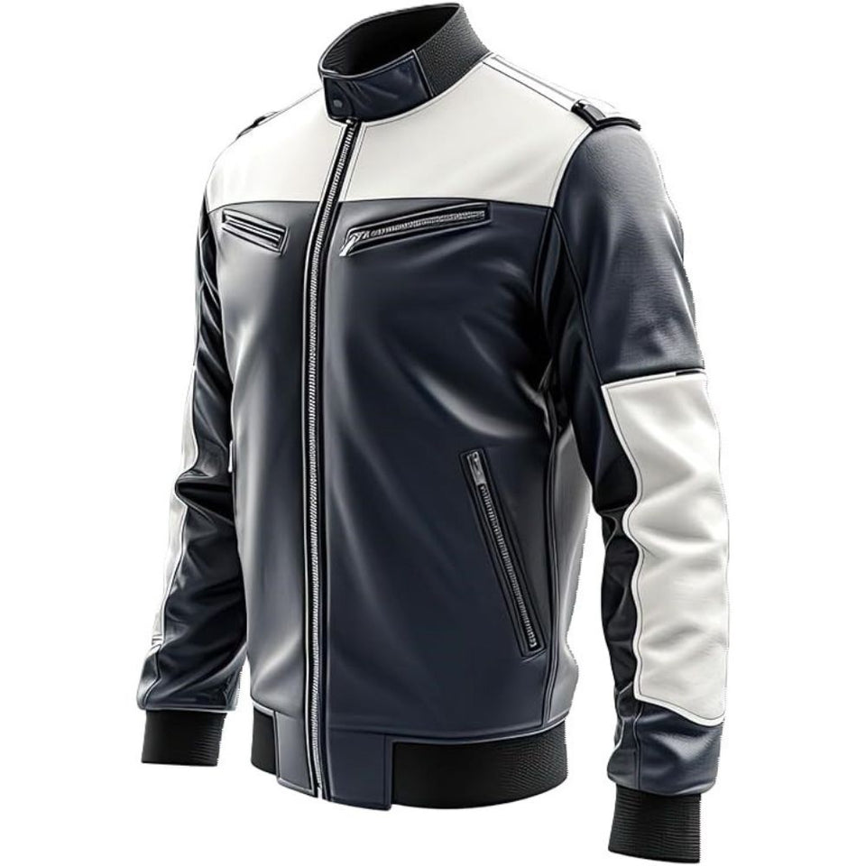 Blue Brando Slim-Fit Genuine Sheepskin Biker Leather Jacket For Men
