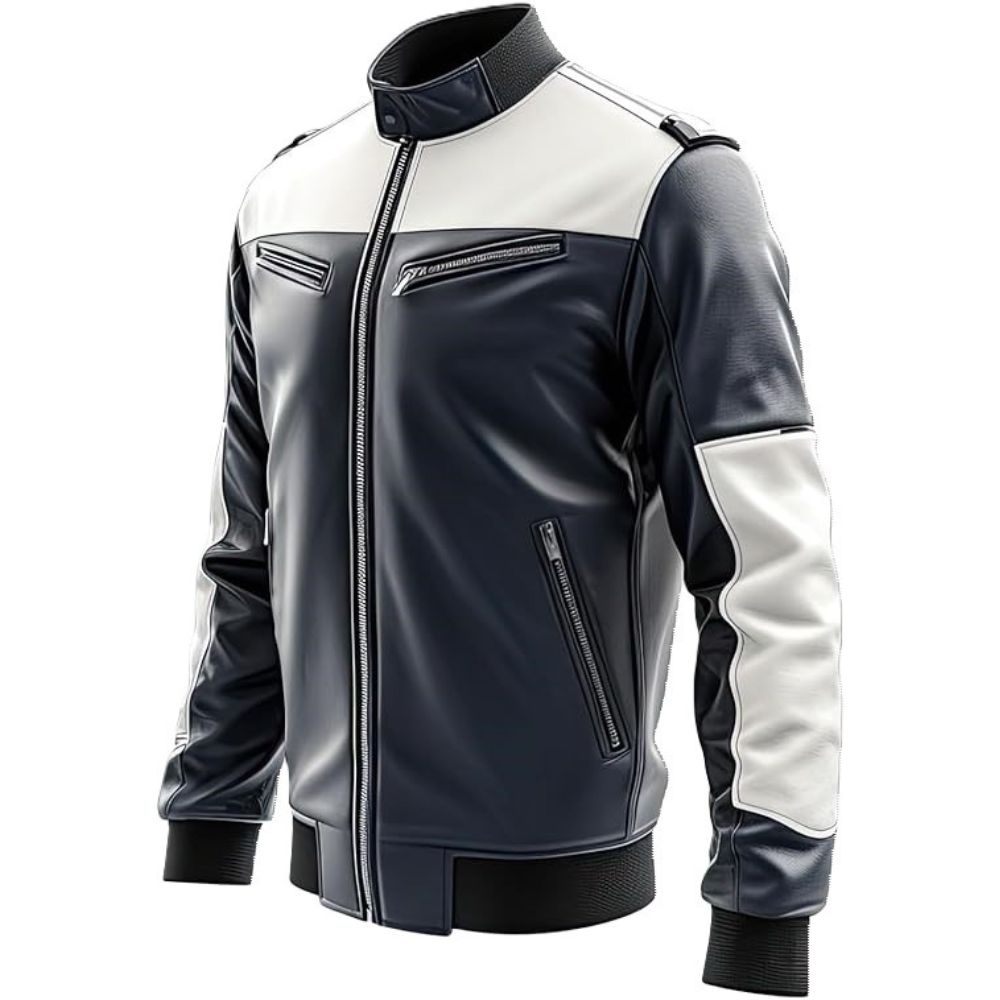 Blue Brando Slim-Fit Genuine Sheepskin Biker Leather Jacket For Men