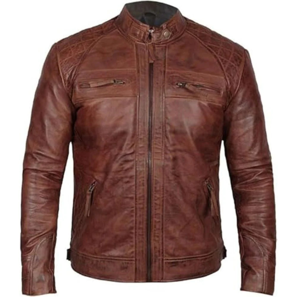 Distressed Brown Cafe Racer Genuine Sheepskin Leather Jacket For Men